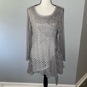 Feratelli Weave Net Mesh Gray Beachy Boho Summer Lined Knit Lace Sweater